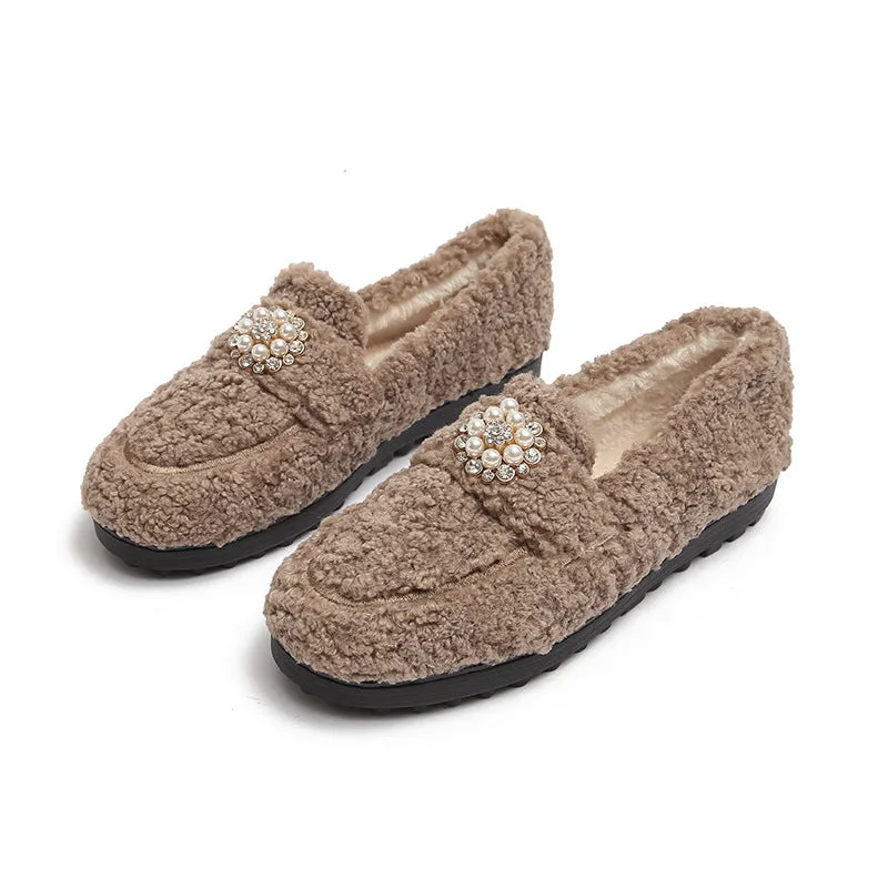 Women Pearl Cute Winter Lamb Fur Flat Shoes Loafers-Woolova